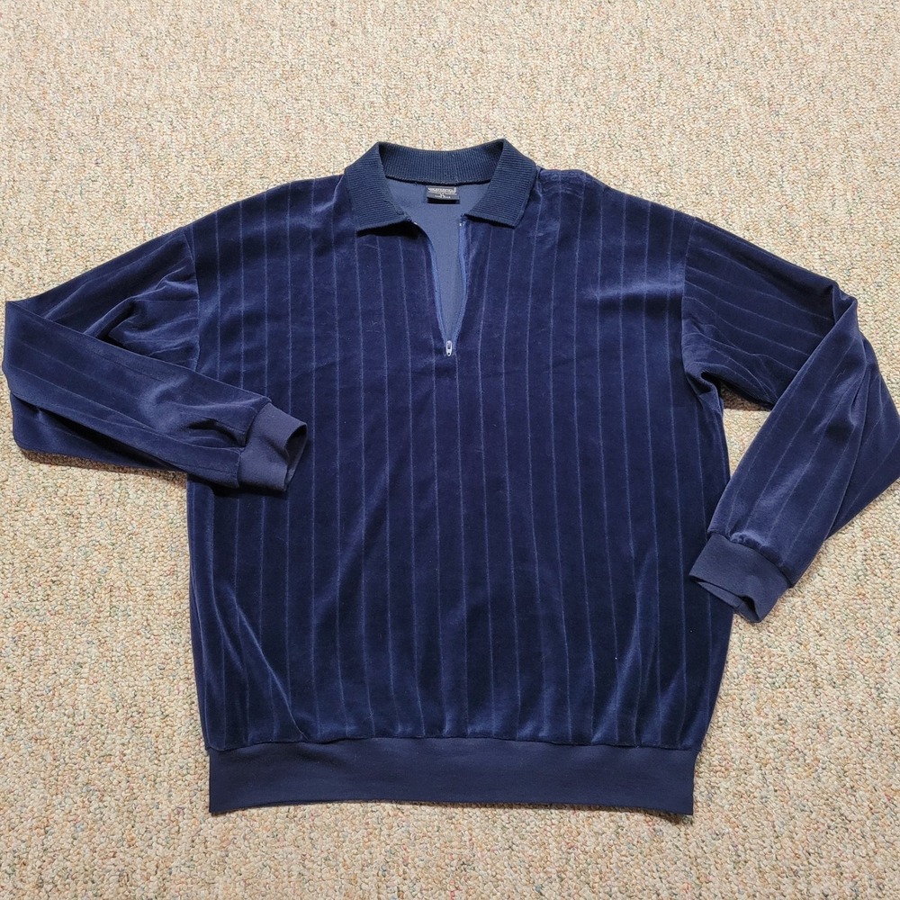 Chesterfield Sweater Quarter Zip Mens XL Blue Velour Vertical Ribbed Vintage